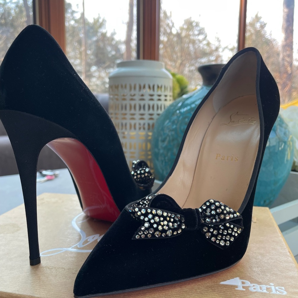 Christian Louboutin Black Velvet Crystal Bow Stiletto Heels